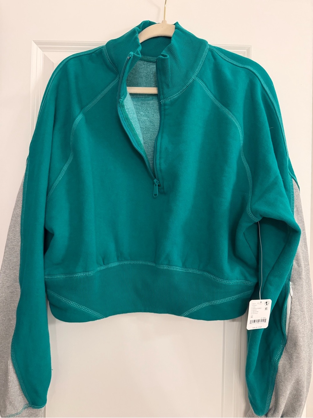 Free People Teal Quarter-Zip Sweatshirt with Gray Sleeves